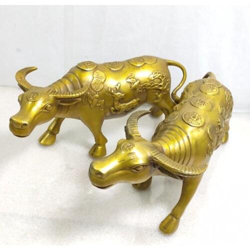 China brass recruit wealth cow crafts statue A pair