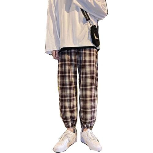 Mens Womens Japanese and Korean Plaid Casual Pants Loose Pants Korean Version Blue 2020