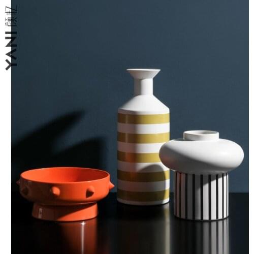 Nordic modern simple semi manual ceramic vase living room creative tea table fruit plate model room decoration set