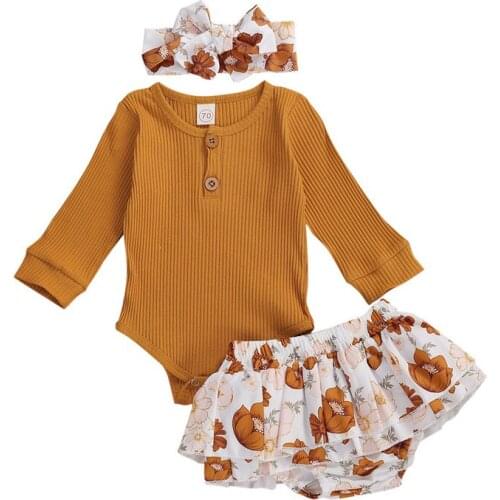 Autumn Baby Girls Cotton Clothes Set Newborn Baby Boy Girl Long Sleeve Knitted Romper Tops Floral Printed Tutu Shorts Headband
