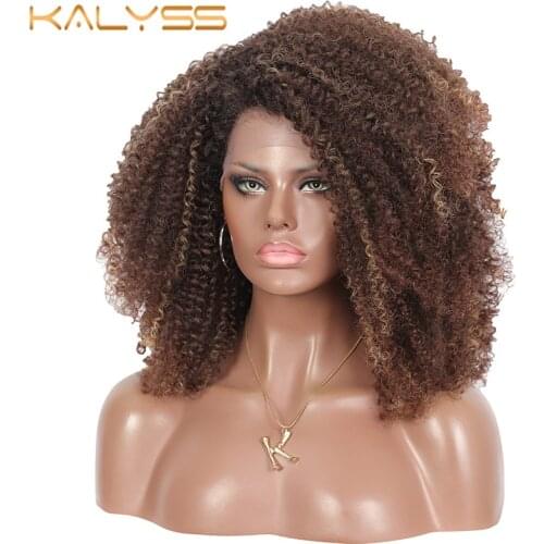 Kalyss 18" Briaded Wig Synthetic Lace Part Wigs for Black Women African Side Part Kinky Curly Wigs Middle Part Hair Black Wigs