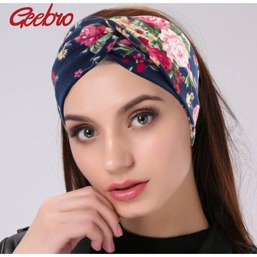 Geebro Women Twisted Knotted Headband Summer Bohemia Floral Wide Stretch Hair Band for Girls Elastic Turban Flower Spa Headbands