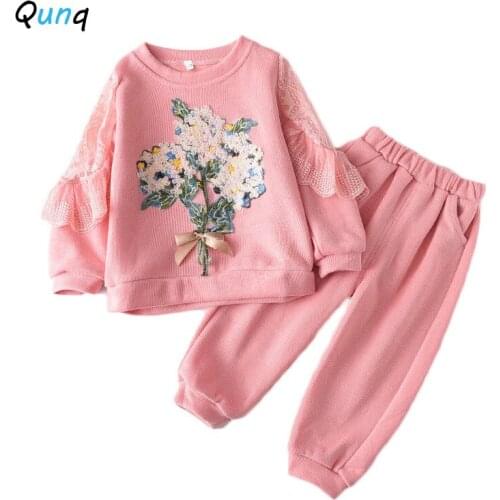 Qunq Girls Clothing Set 1 2 3 4 Year Flower Long Sleeve Sweatshirt Pant Baby Toddler Clothes Spring Fall Boutique Kids Suits