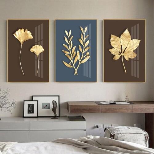 Modern Style Minimalism Golden Leaves Canvas Painting Wall Art Nordic Posters and Prints Wall Pictures for Living Room Decor