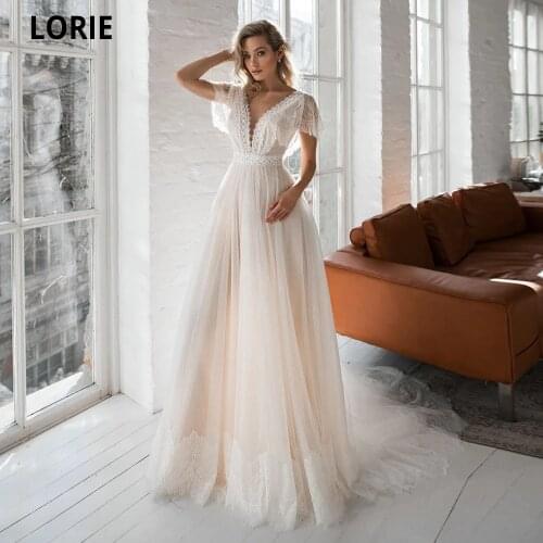 LORIE Short Sleeve Boho Wedding Dresses 2021 Lace Appliques Dot Tulle Bride Gowns Deep V-neck Backless Beach Wedding Party Gowns