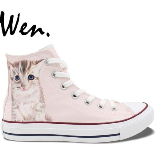Wen Design Custom Creamy Kitty White Cat High Top Hand Painted Skateboard Shoes Light Pink Canvas Sneakers for Adults Presents