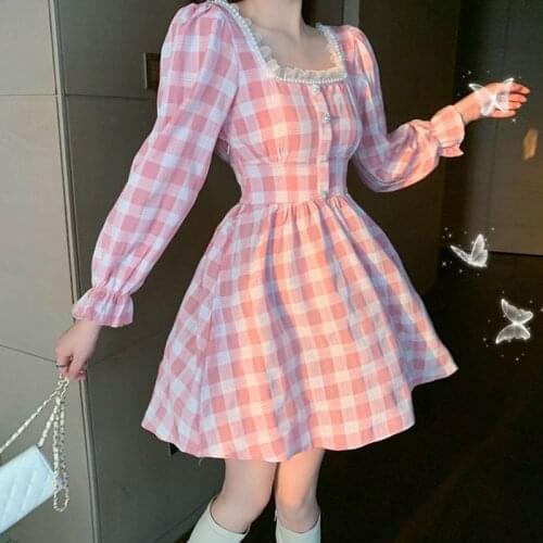 Japanese Soft Girl Lace Plaid Pink Gothic Dress Korean Harajuku Cute Square Collar Flare Sleeve Princess Dress Feminine Dresses