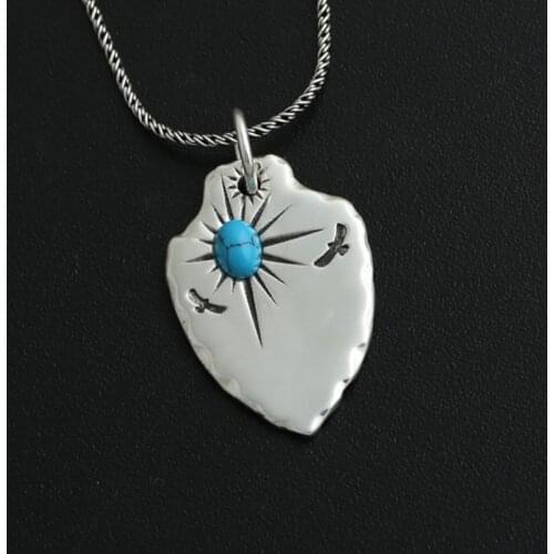 S925 sterling silver jewelry retro Thai silver men and women handmade eagle turquoise shield feather pendant