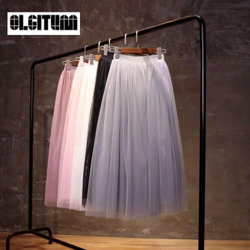 2019 New High Quality Girl Skirt High Waist Women Midi Skirts Pleated Tutu Women Skirt Long Tulle Skirt A-line Saia Faldas Muje