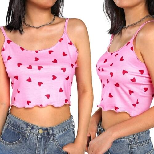 2021 New Women Summer Tank Tops, Full Heart Printing Spaghetti Straps Ruffled Slim Crop Tops for Girls, Pink