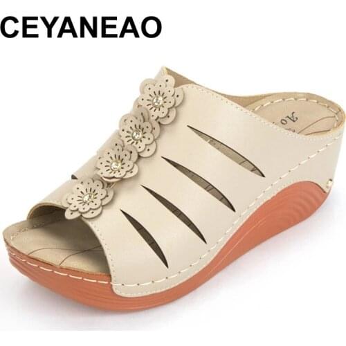 CEYANEAO Wedge Flower Low Shoes Woman 2021 Female Slippers Platform Luxury Slides New Designer Beach Flat Soft PU Hoof Heels