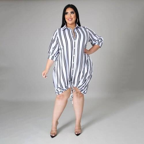 L-5XL Black White Vertical Striped Shirt Dress Women Turn Down Collar Three Quarter Sleeve Dress Office Lady Buttons Up Dresses