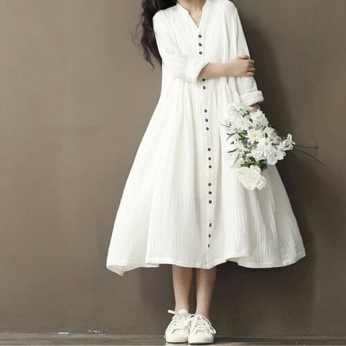 2019 spring mori girl Literary vintage dress Cotton and linen bat sleeves long sleeve long dress women big size loose long dress