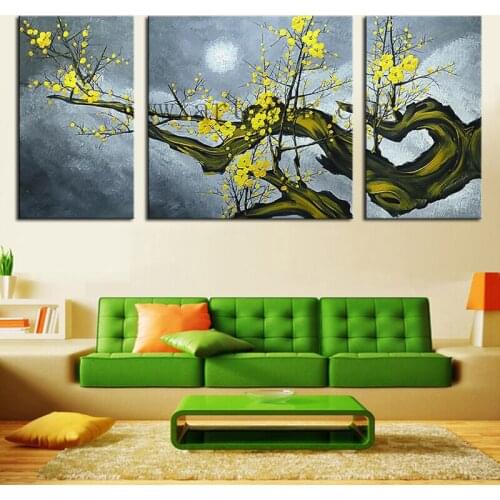 3 Panels Yellow Flower Oil Paintings Hand Painted Modern Abstract Floral Plum Blossom Canvas Art Pictures for Living Room Decor