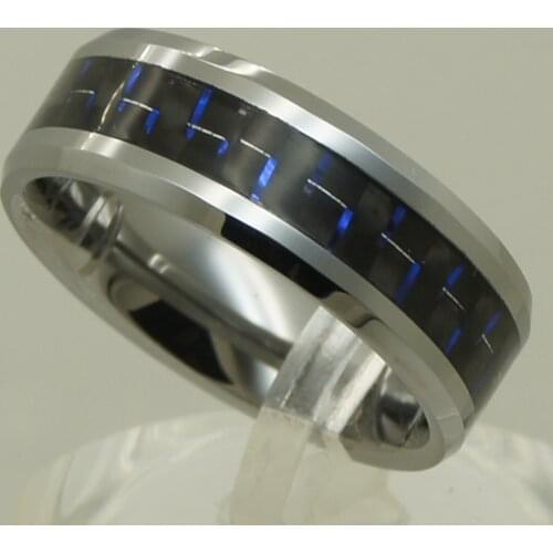 8mm black & blue carbon fiber inlayed small bevel men/women hi-tech scratch proof wedding tungsten ring