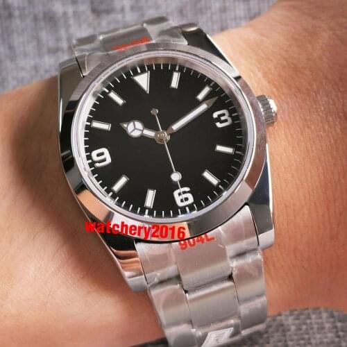 36mm Mens Watch Polished Bezel Japan NH35 Movement Oyster Bracelet Sapphire Glass Black Dial 904L Steel Band Green Lume