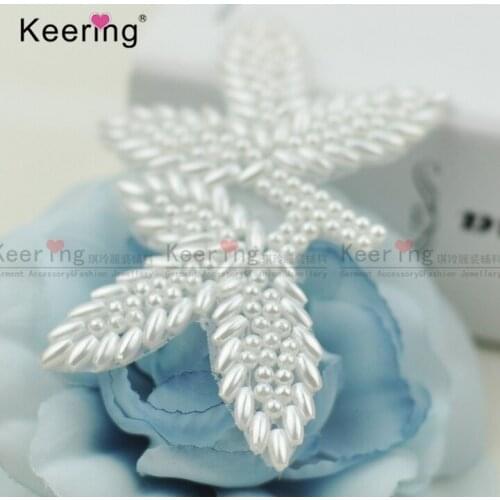 Leaf Shape White Color Pearl Beaded Patches For Garment WRA-529