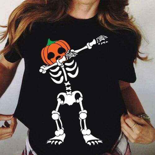 Skeleton Pumpkin Hands Pritned T Shirt Halloween Funny Women T Shirt Unisex