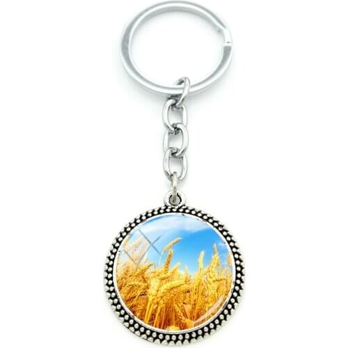 JWEIJIAO Golden Wheat Ear Pattern Fashion Cabochon Glass Pendant Keychain Round Glass Gemstone Keychain Metal Jewelry Souvenir