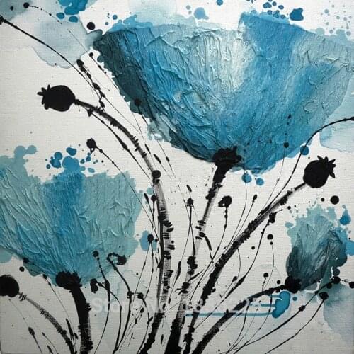 High Quality Wall Art Canvas Painting Blue Flowers Oil Painting on Canvas Modern Paintings for Interior Decoration Support OEM