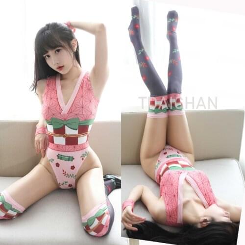 Anime Kamado Nezuko Bodysuit Demon Slayer Kimetsu No Yaiba Cosplay Playsuit V Neck Bodycon Jumpsuit Sleepwear Pajamas Stockings