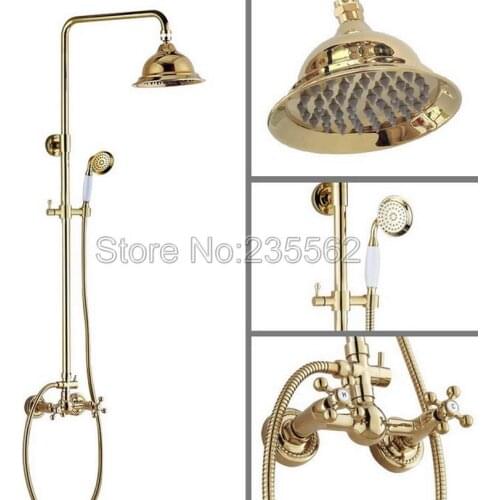 6.3" Round Shower Head Gold Color Brass Bathroom Rain Shower Faucet Set Dual Handle Mixer Tap lgf336