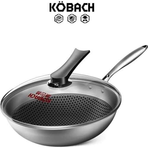 KBH 32cm non-stick fry pan 304 stainless steel wok kitchen cookware double honeycomb nonstick bottom chinese wok with lid