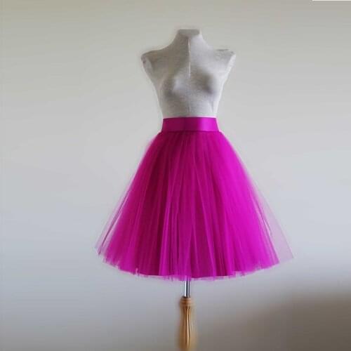 Fashion Fuchsia Short Swiss Tulle Skirts Women Zipper Style Knee Length 45 - 55 CM Layer Tulle 1 Lining Cheap Tulle Skirt