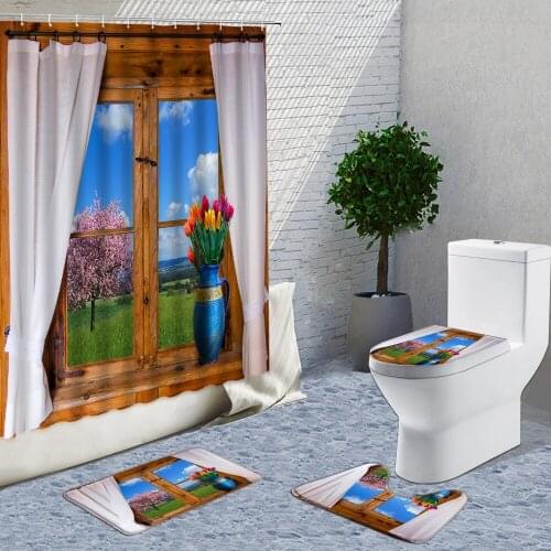 4-Piece Set Shower Curtain Vintage Wooden Window Flowers Ldyllic Scenery Bath Curtains Non-Slip Mat Bathroom And Toilet Rugs