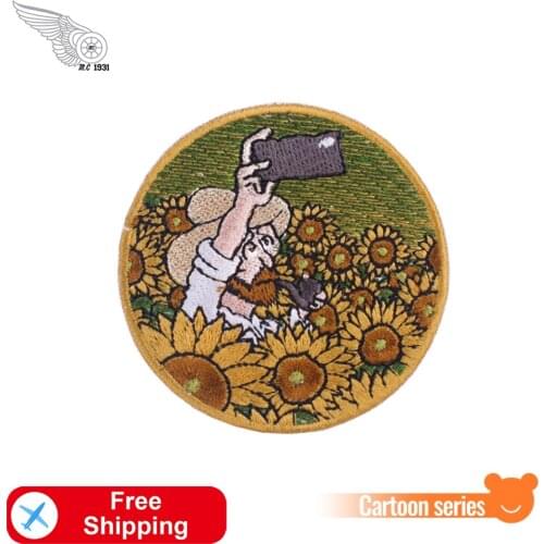 Take Photos with Sunflower Embroidery Patch Cartoon Painting Badges Ironing Sew for Clothing Twill Fabric Stickers Art Appliques