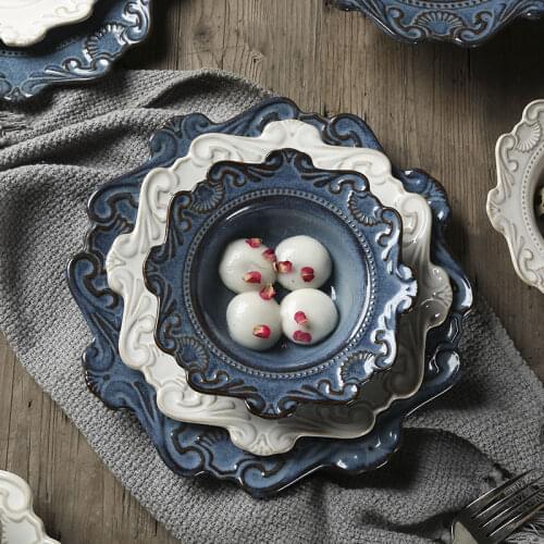 Dinner Plates Ceramic Tableware Blue And White Antique Relief Set Utensils for kitchen Dish Serving Tray Dessert Salad Dishes