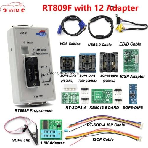 Original RT809F Serial ISP Programmer with 12 adapters +1.8v adapter+SOP8 test clip EDID cable free shipping