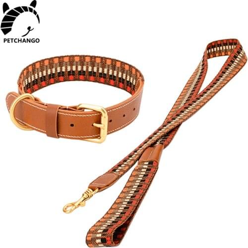 Hande-made Leather Dog Collar Cotton & Genuine Leather Collar Leash Set for Dogs Small Large Dogs Pet ProductsDog Accessories