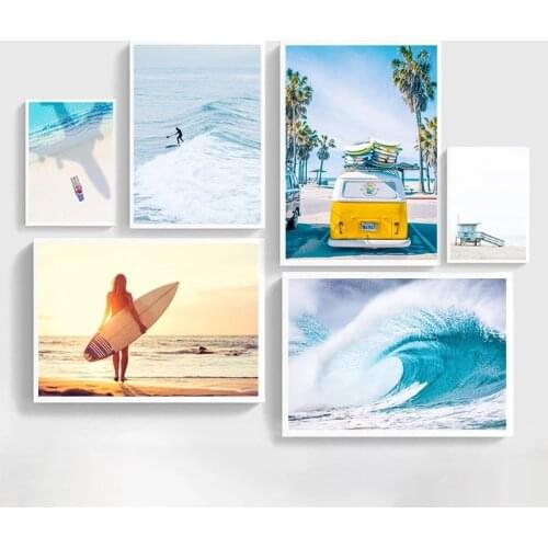 Landscape Wall Canvas Painting Beach Print Surfboard Poster Car Art Prints Girl Posters Nordic Wall Pictures Living Room Decor