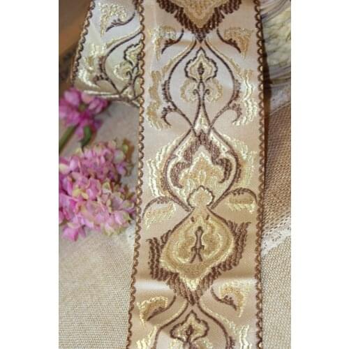 Wide 9cm 5yards/lot Polyester Woven Jacquard Ribbon gold brown flowers pattern for hat curtain and clothing accessory ls-1178