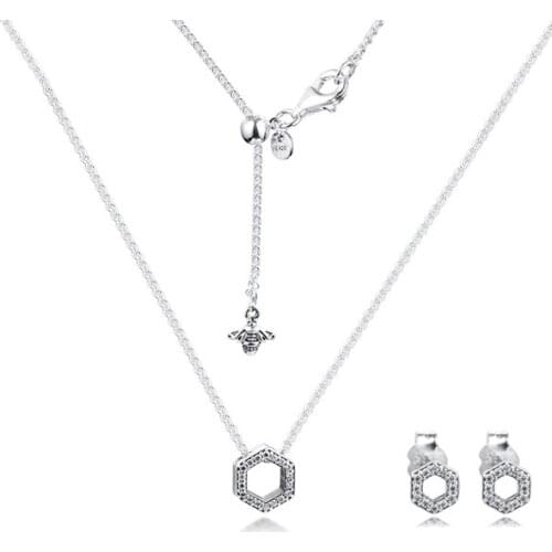 S925 Original Sterling Silver Jewelry Sets Sparkling Honeycomb Hexagon Collier Necklace Stud Earrings for Women brincos collar