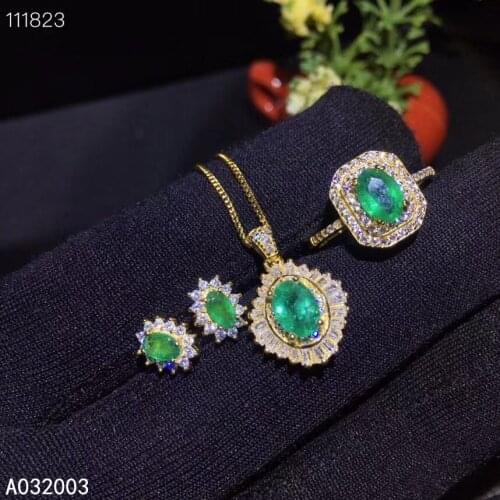 KJJEAXCMY Fine Jewelry 925 sterling silver inlaid natural emerald ring pendant earring set classic supports test