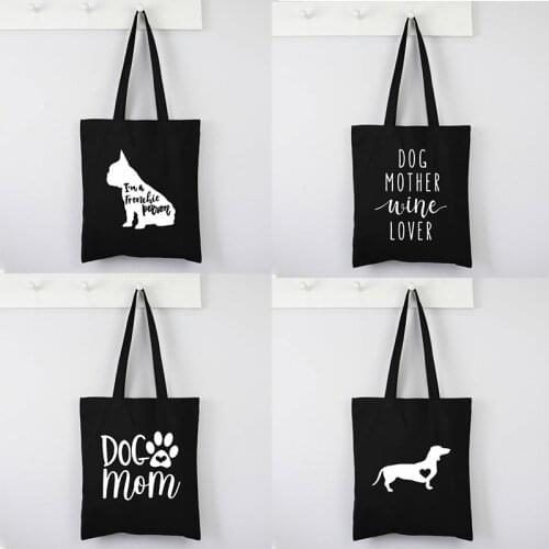 Cute Dog Fashion Shopping Black Bags Canvas Tote Bag Bulldog Handbag Shoulder Bags Mom Dachshund Reusable Bag Prints