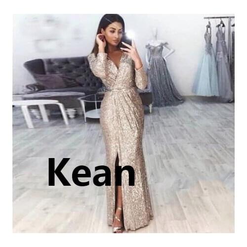 Sequins Slit V Neck Full Sleeves Evening Dresses Mermaid Special Occasion Dress Islamic Dubai Kaftan Saudi Arabic Prom Dress