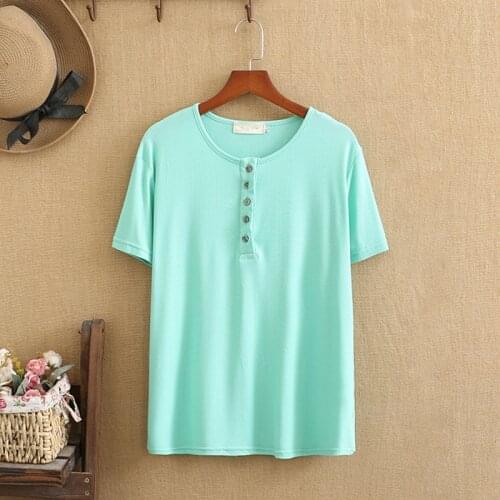 Plus Size T Shirts Summer Tops O-Neck Thin Elastic Force Knit Short Sleeve Front Collar Short Placket Buckle Large Size T Shirt