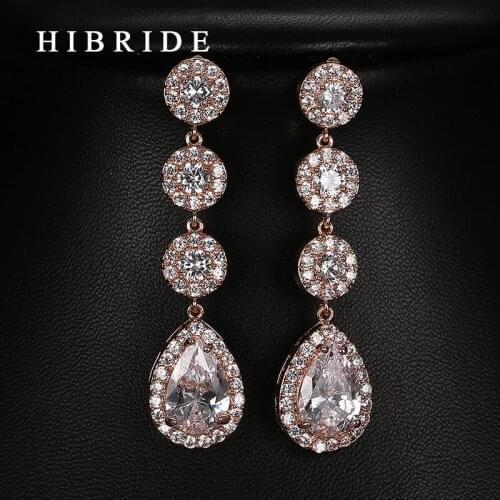 HIBRIDE Women Wedding Cubic Zircon Drop Earrings Rose Gold/white Gold /Gold Color Earrings Wholesale Price E-62