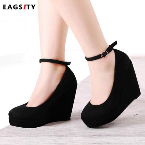 EAGSITY Suede Women Wedges shoes pumps round toe ankle strap platform ladies high heel shoes party office career