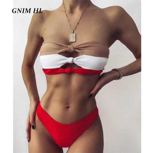 GNIM Sexy Bandeau Swimsuit Bikini Set 2021 Summer Three Colors Patchwork Swimwear Women Push Up 2 Pieces Beachwear Bathing Suit