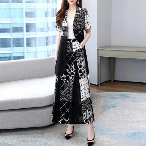 Summer Women Long Short Sleeve Blazer+Wide Leg Pants Suits Thin Tops Vintage Print Women Loose Elegant Two Piece Set