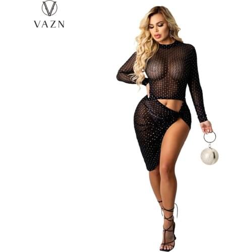 VAZN 2021 Autumn Asymmetrical Plus Size Black Hollow Out Sexy Club Open Full Sleeve Soft High Waist Young Vestidos For Female
