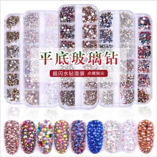 1 Box Multi Size Glass Nail Rhinestones Mixed Colors Flat-back AB Crystal 3D Charm Gems DIY Manicure Nail Art Decorations B0019