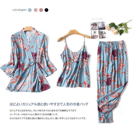 3 PCS Floral Printed Women Pajamas Sets Cotton Soft Pajamas Set Loose Elegant Robe Sexy Sling Sleepwear Homewear Female Pyjamas