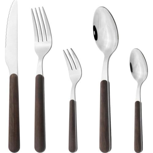 4/5Pcs Stainless Steel Cutlery Set Wooden Handle Dinnerware Knife Cake Fork Tea Spoon Silverware Party Glossy Food Tableware Set