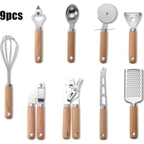 9pcs Kitchen Utensils Stainless Steel Modern Style Kitchen Gadget Set Multifunctional Wood Handle Cooking Whisk Baking Supplies
