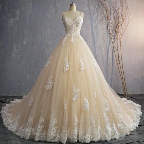 Spaghetti Straps Ball Gown Wedding Dresses Plus Size V-neck Luxury Robe de Mariee Tulle Vintage Suknia Slubna Backless Alibaba